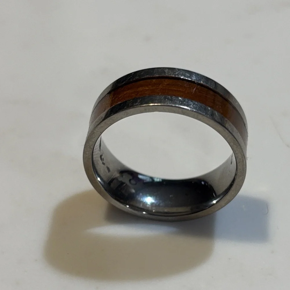 Men's Tungsten Wood Inlay Comfort Fit Wedding Band Silver Brown Size 12